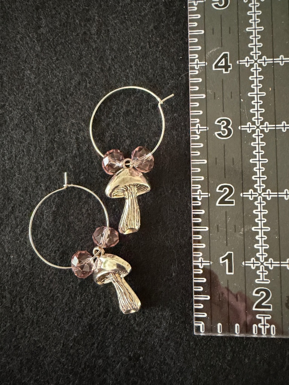 Earrings- Silver Tone Hoop Mushroom And Crystal Earrings 2"